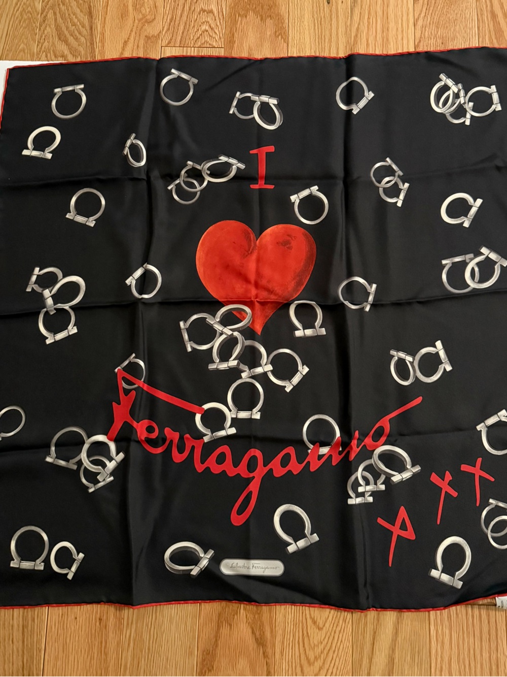 Salvatore Ferragamo Black Silk Scarf with Red Trim